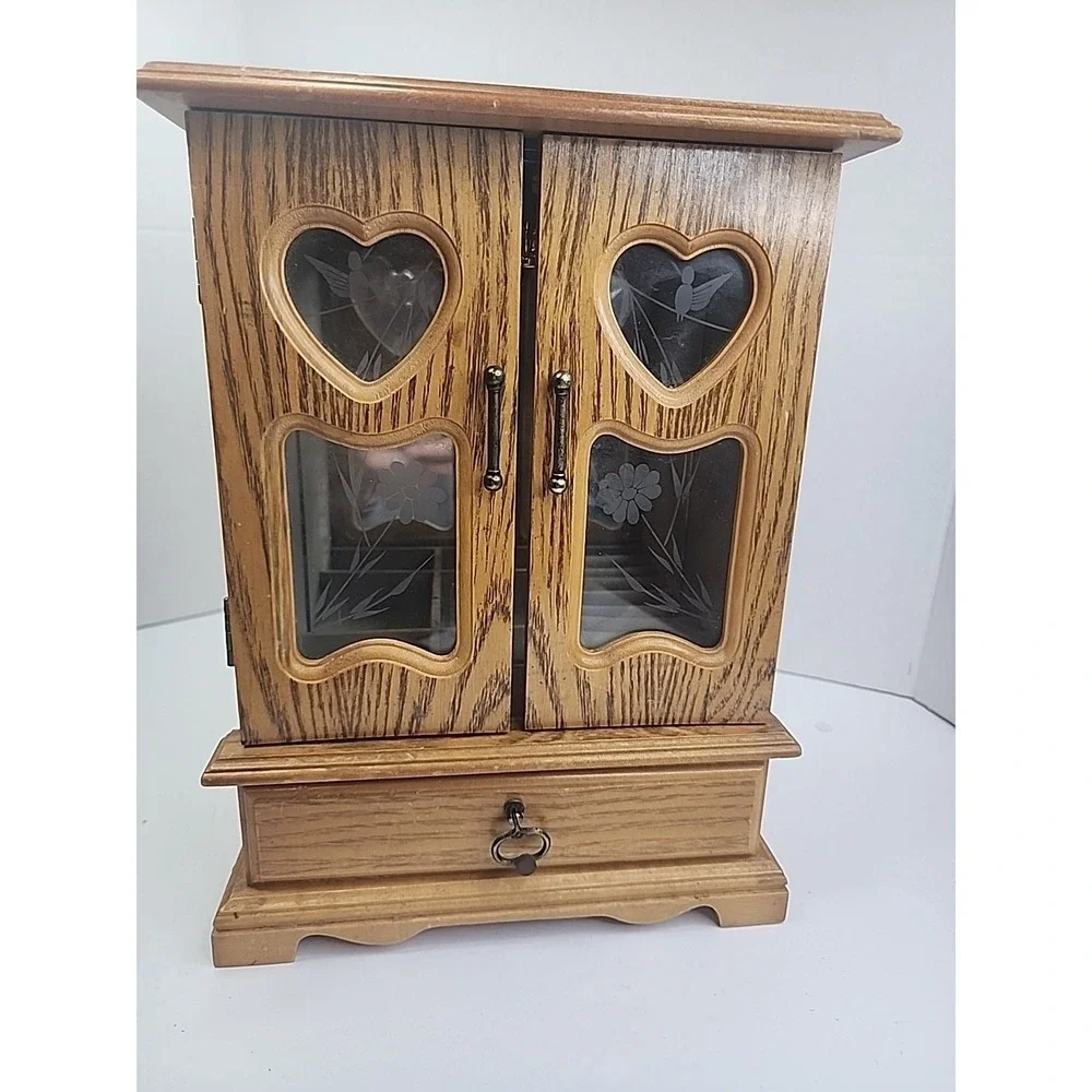 Vintage Wooden Musical Jewelry Box Armoire Heart Drawers Etched Glass‎